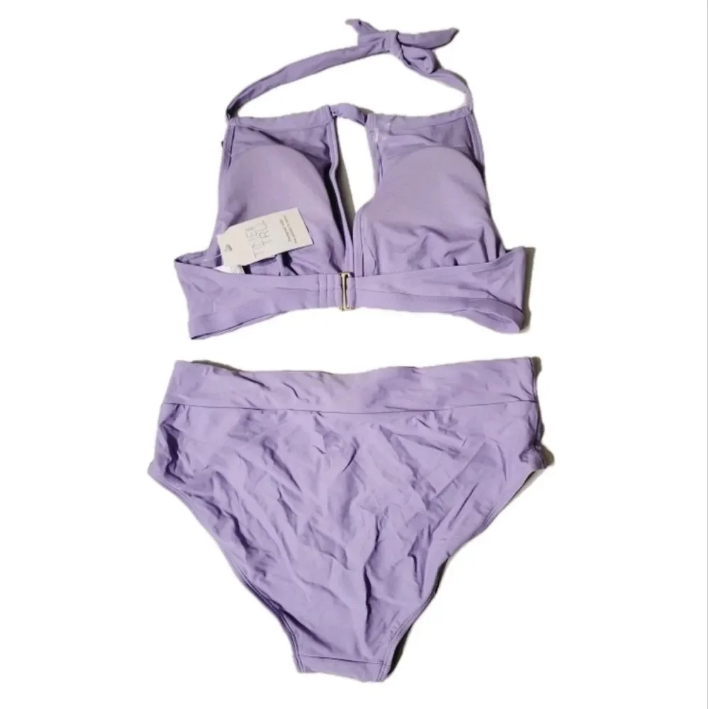 Time & Tru Women's L 12/14 Keyhole Halter Top + High Waisted Bikini Lavender NWT